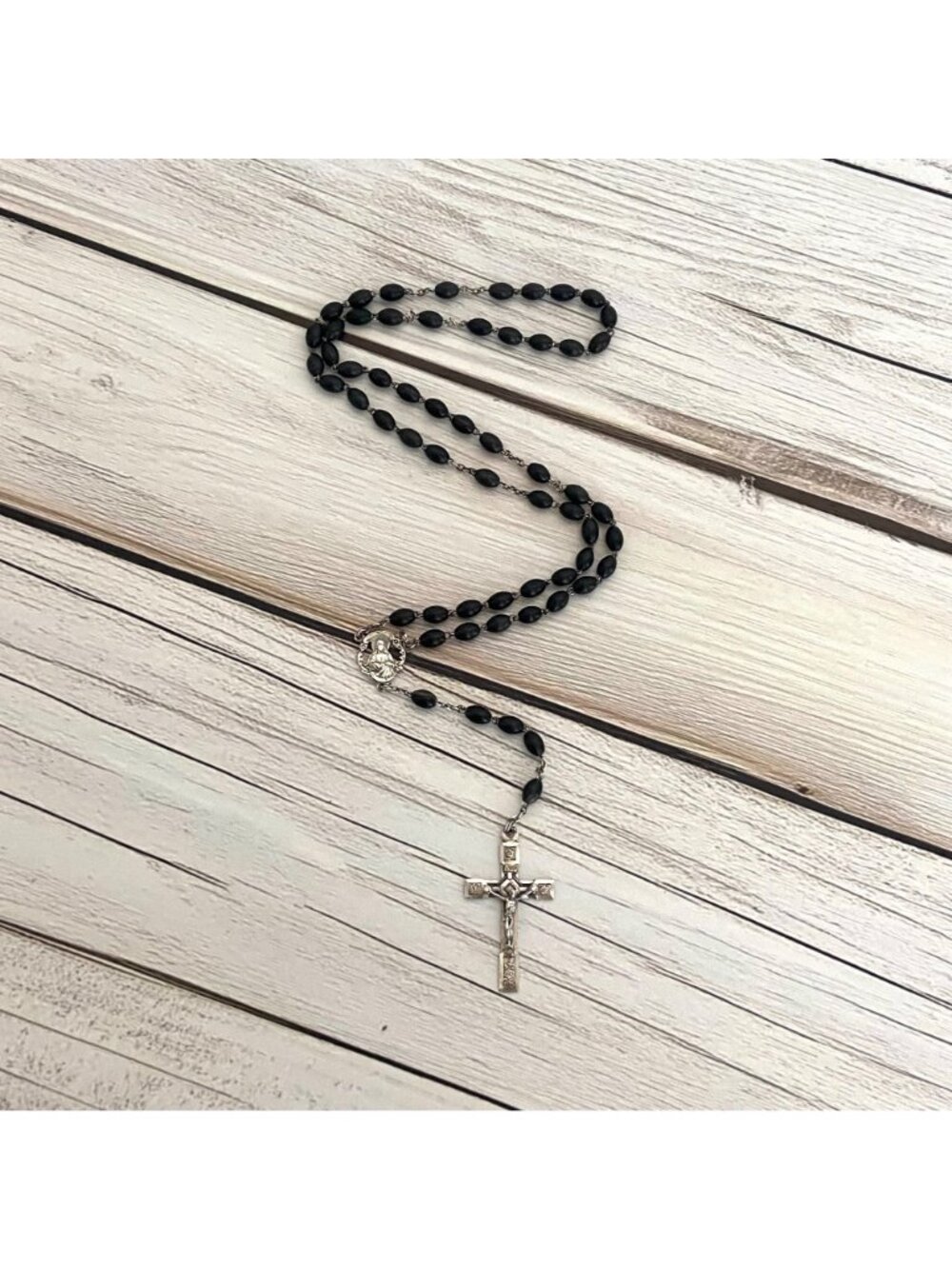 VTG Sterling Silver 925 Italian Black Beaded Rosary Crucifix Cross Y Necklace - Picture 6 of 16